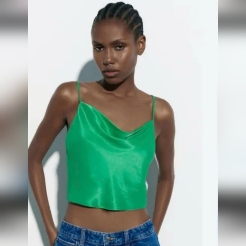 ZARA Cowl Neck Satin Cami Top In Kelly Green. Size Large